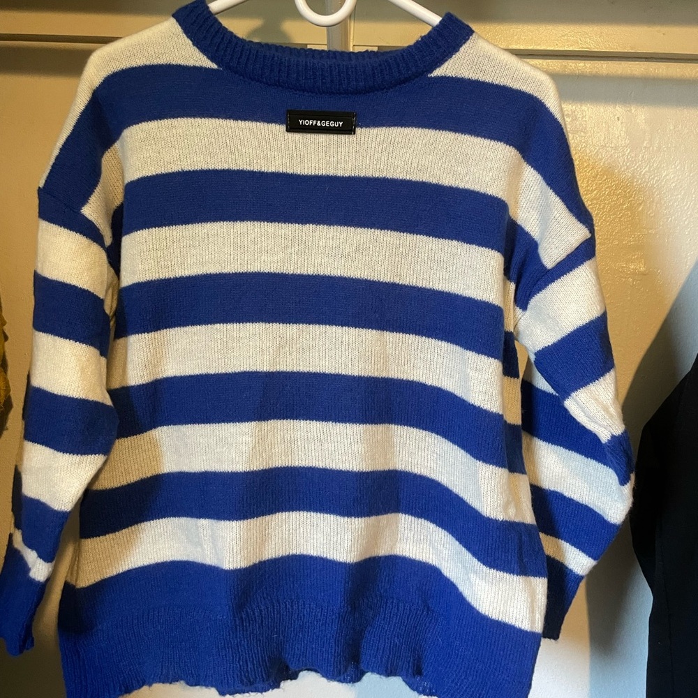 Blue and White Striped Women's Sweater